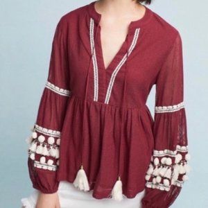 Vineet Bahl Boho Bell Sleeve Maroon Blouse Pom Pom Tassel Collar SIZE SMALL